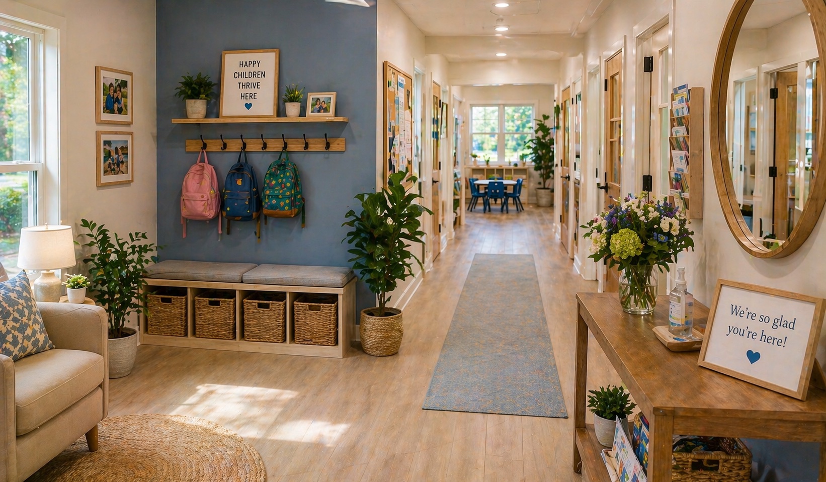 Welcoming hallway and family entry area that supports scheduling a tour of the center
