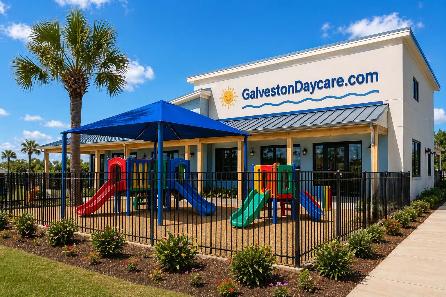 Exterior of Galveston Daycare with a secure playground, blue canopy, and palm tree on a bright day