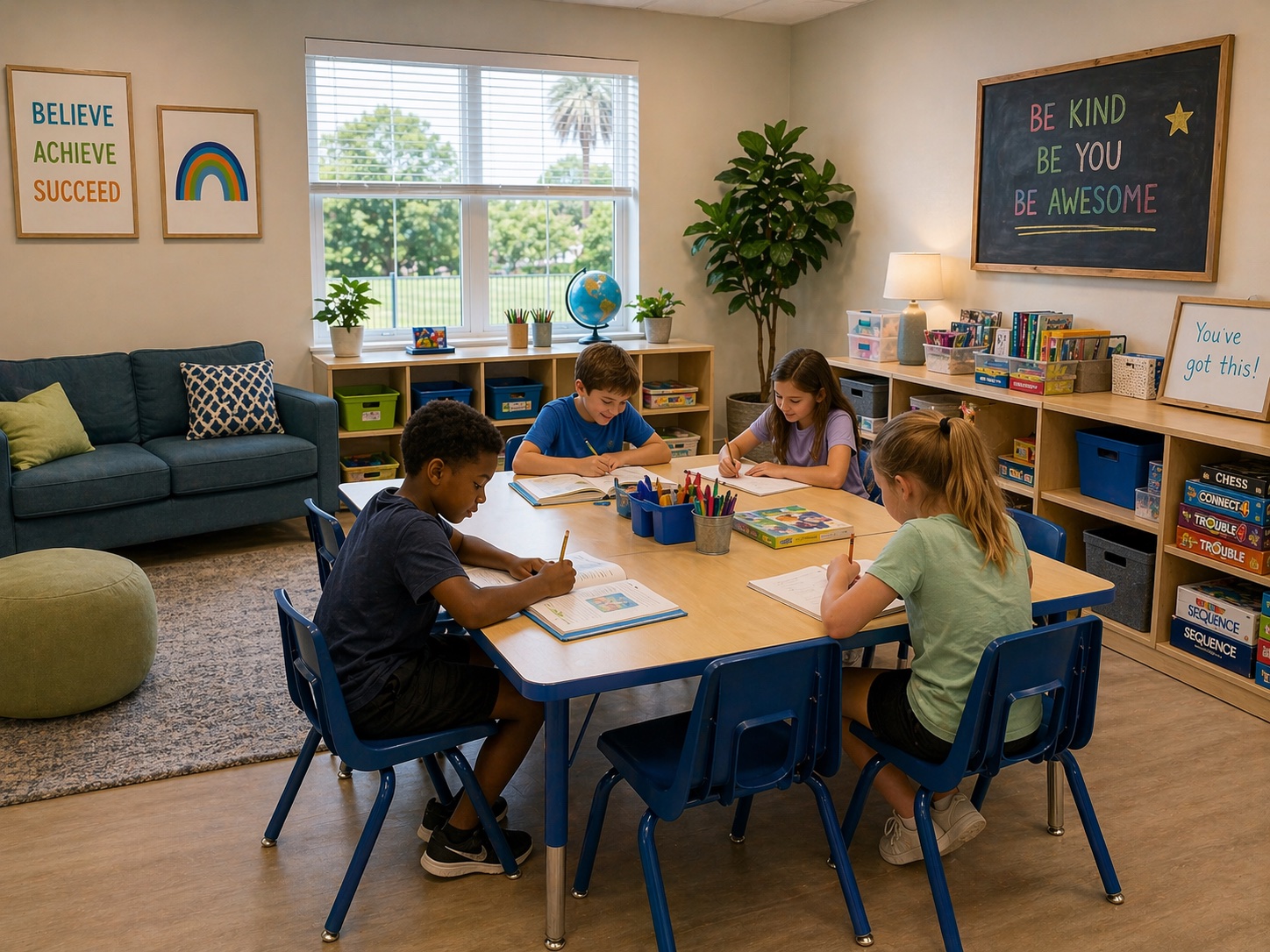 Collage of daycare spaces showing reception, classroom moments, reading area, younger child room, hallway, and playground