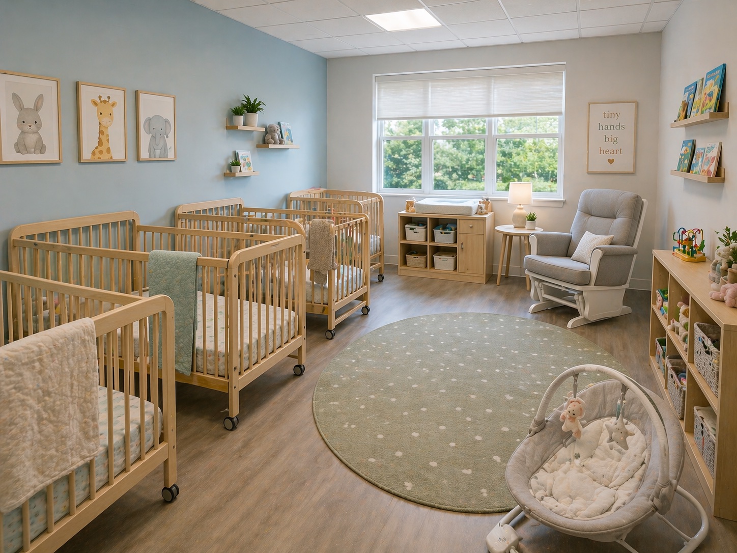 Calm early learning room with cribs, soft seating, and a peaceful layout for younger children