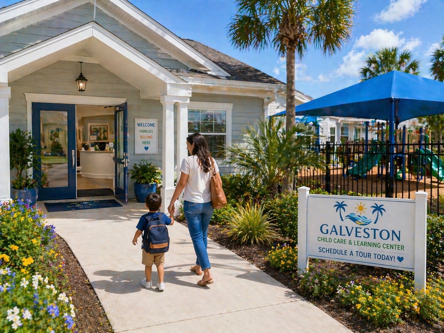 Parent and child arriving at the daycare entrance for a visit or tour