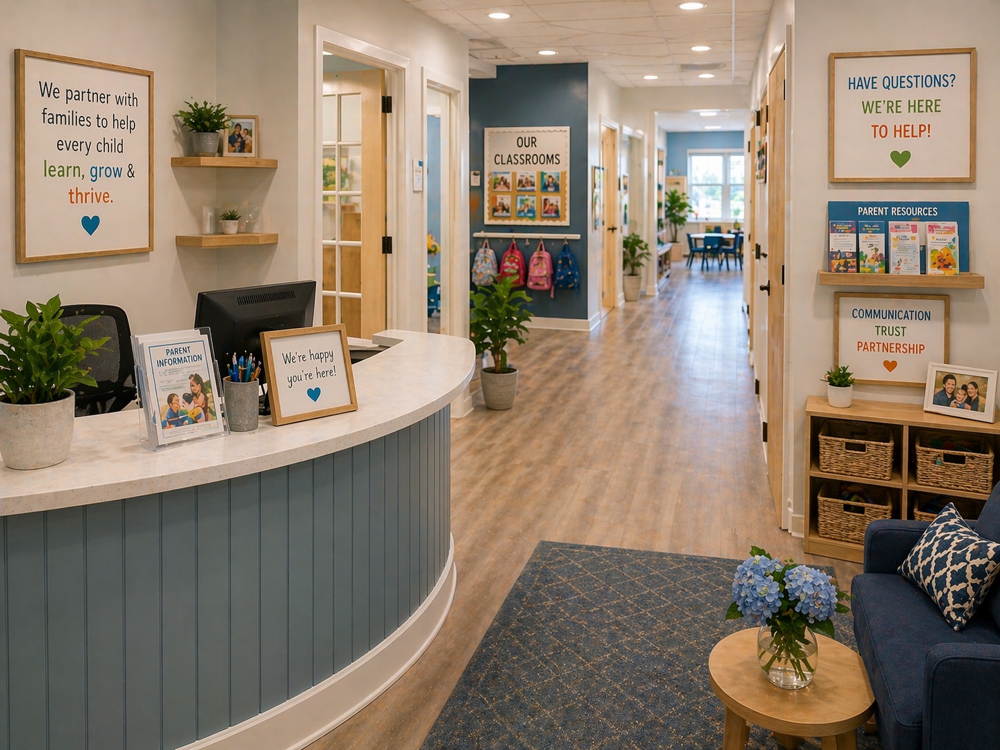 Reception hallway with parent resources, classroom doors, and a welcoming check-in desk