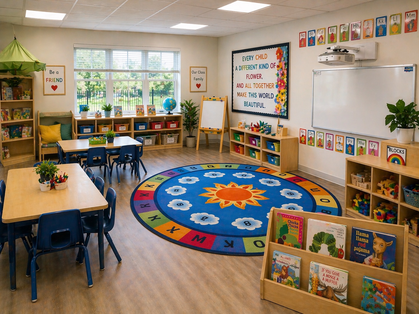 Toddler classroom with climbing play structure, toy shelves, and bright learning stations